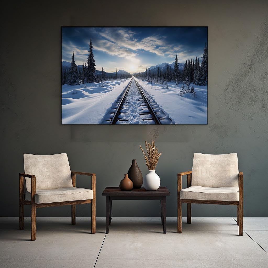 Canvas for Living room. Winter's Quiet Embrace � Journey Along Snowy Rails into the Sunset, 27 x 18 inch Canvas Wall Art - Contemporary Masterpieces - Modern Home Decor - 69x46 cm (27x18 inch)