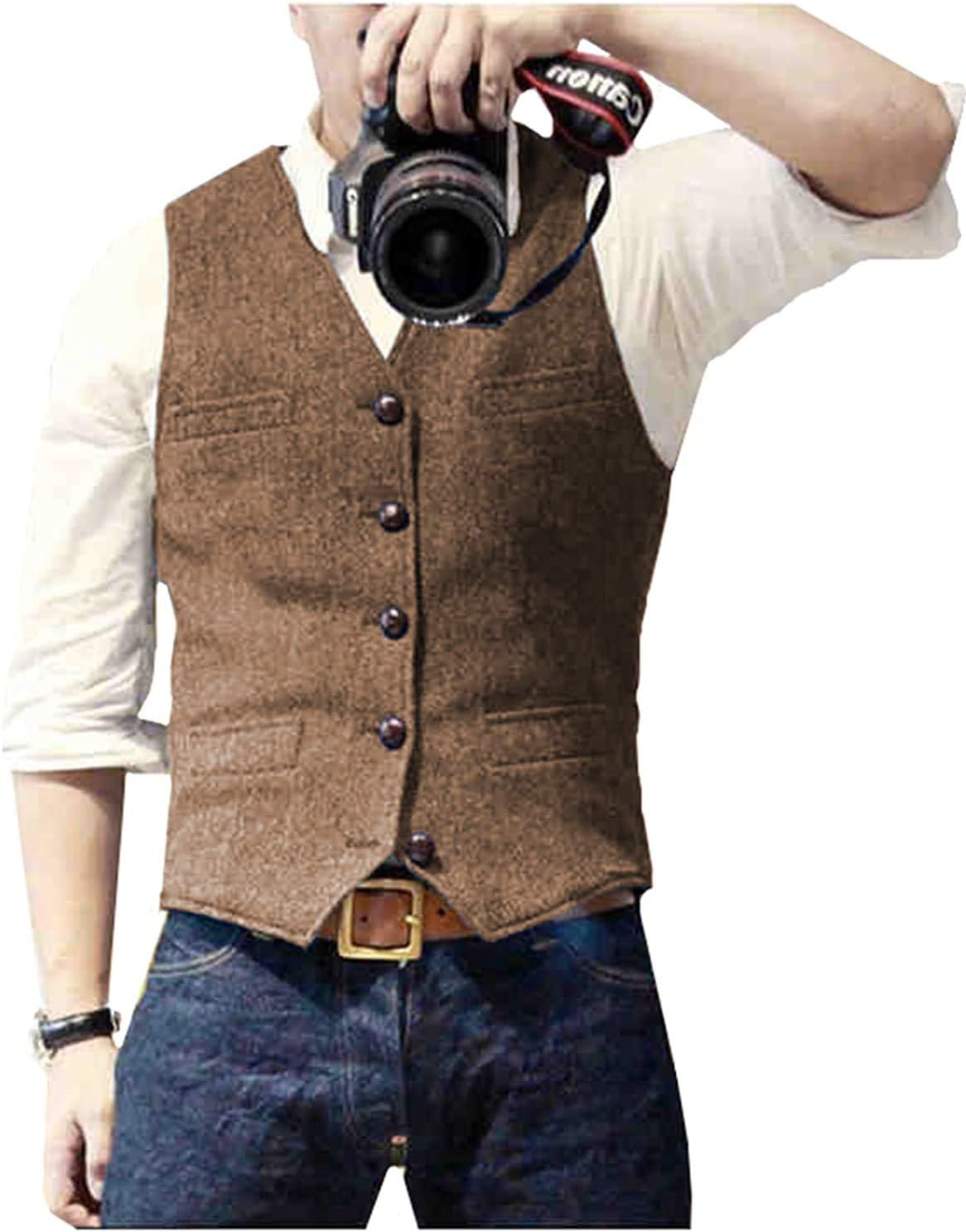 Ceehuteey Mens Suit Vest Waistcoat Tweed Retro V Neck Wool Herringbone for Prom