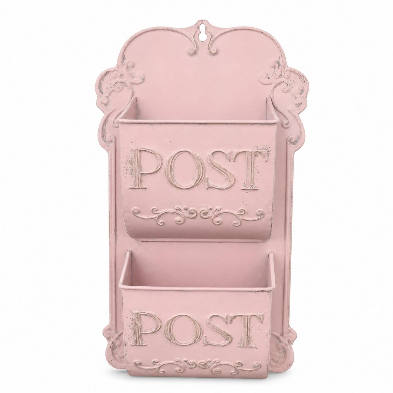 Embossed Lettering Decorative Mailbox Scrollwork Details Wall-Mounted Mailbox Organizer Distressed Finish Rustic Post Box, Pink-picture-15