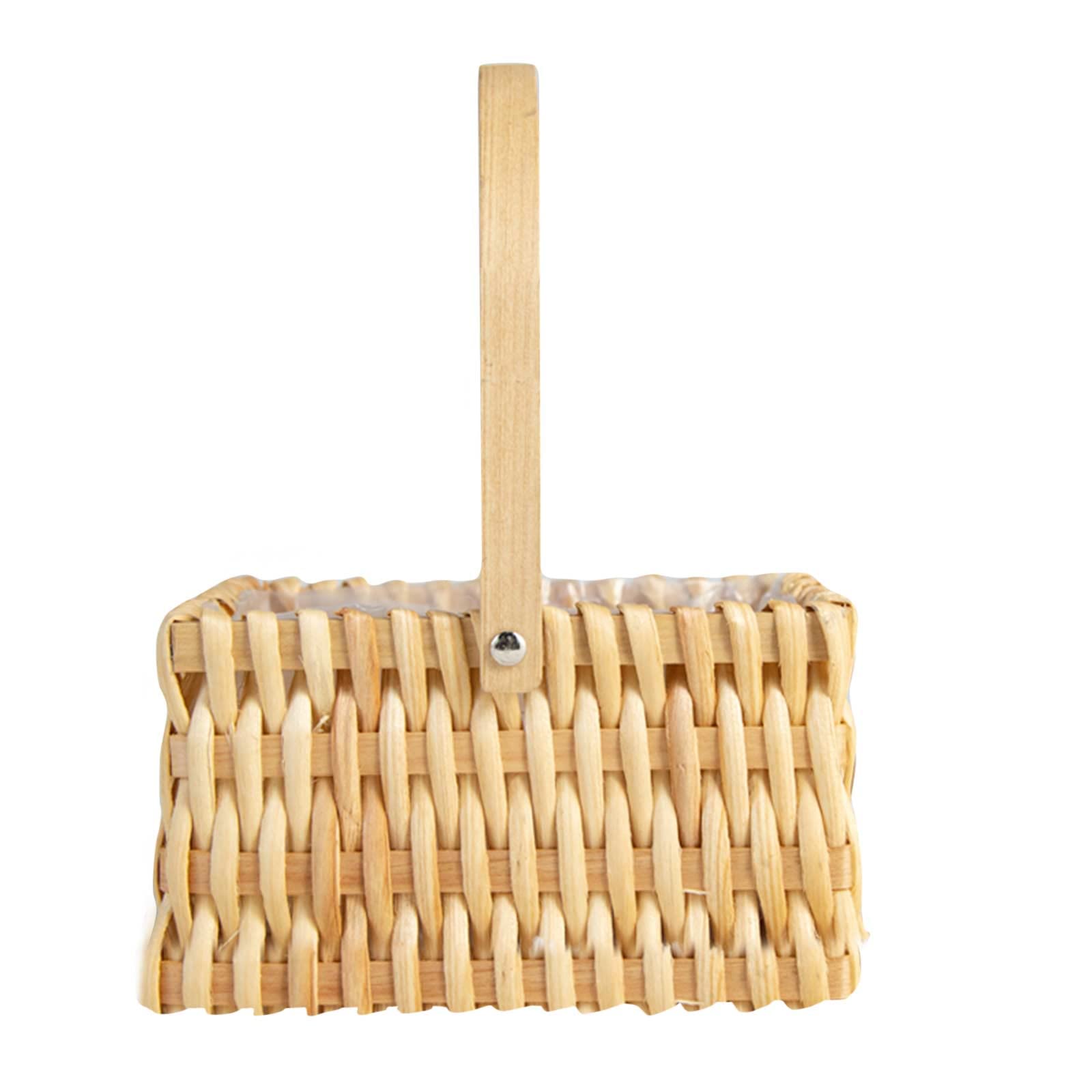 RXMORI Wicker Picnic Basket with Handle, Handwoven Flower Basket with Handle Storage Basket Empty Picnic Basket Portable Woven Flower Pot Storage Box(Wood)