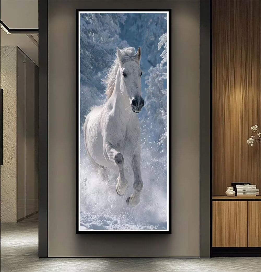 Diamond Painting Kit Completo Cavallo Bianco, 5D Diamond Painting Foresta Innevata 60x120cm, Pittura Diamante per Adulti Grandi Dimensioni, Quadri con Perline Decorazione per Casa e Pareti -LR1402