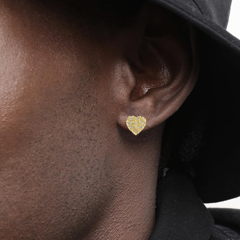 14K Gold Plated Nugget Earrings For Men,Unisex Roung Textured Cookie Nugget Stud,Cubic Zirconia Heart Shape Earrings Studs Gold - Image 3