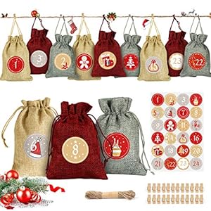 Adventskalender om te vullen, stoffen zakjes, kerstcadeauzakjes met 24 cijferstickers voor Kerstmis om te knutselen, doe…