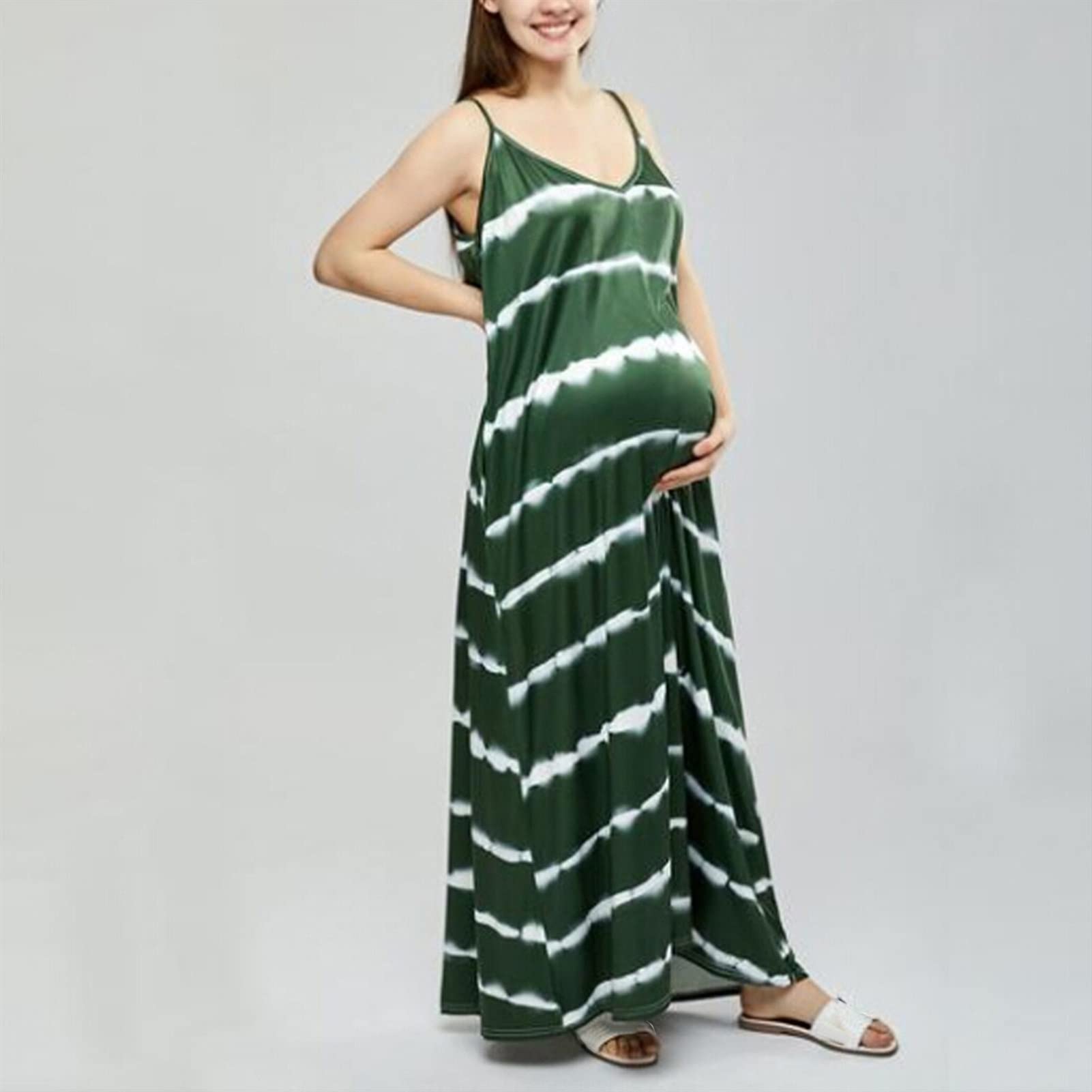 FANFENG Abito da Donna Abiti Senza Maniche A Righe con Scollo A V Abito Lungo da Spiaggia Casual Elegante Abito Lungo con Spalline Elasticizzate Abito Ampio (Color : Green, Size : L/Large)