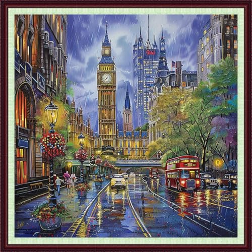Image of Dooxvey Cross Stitch Kits for Adults Beginners,Full Range of Cross-Stitch Stamped Kits Needlepoint Kits for Beginners Embroidery Kits 11CT Cross Stitch Patterns-New York Street Scene 18x18 inch