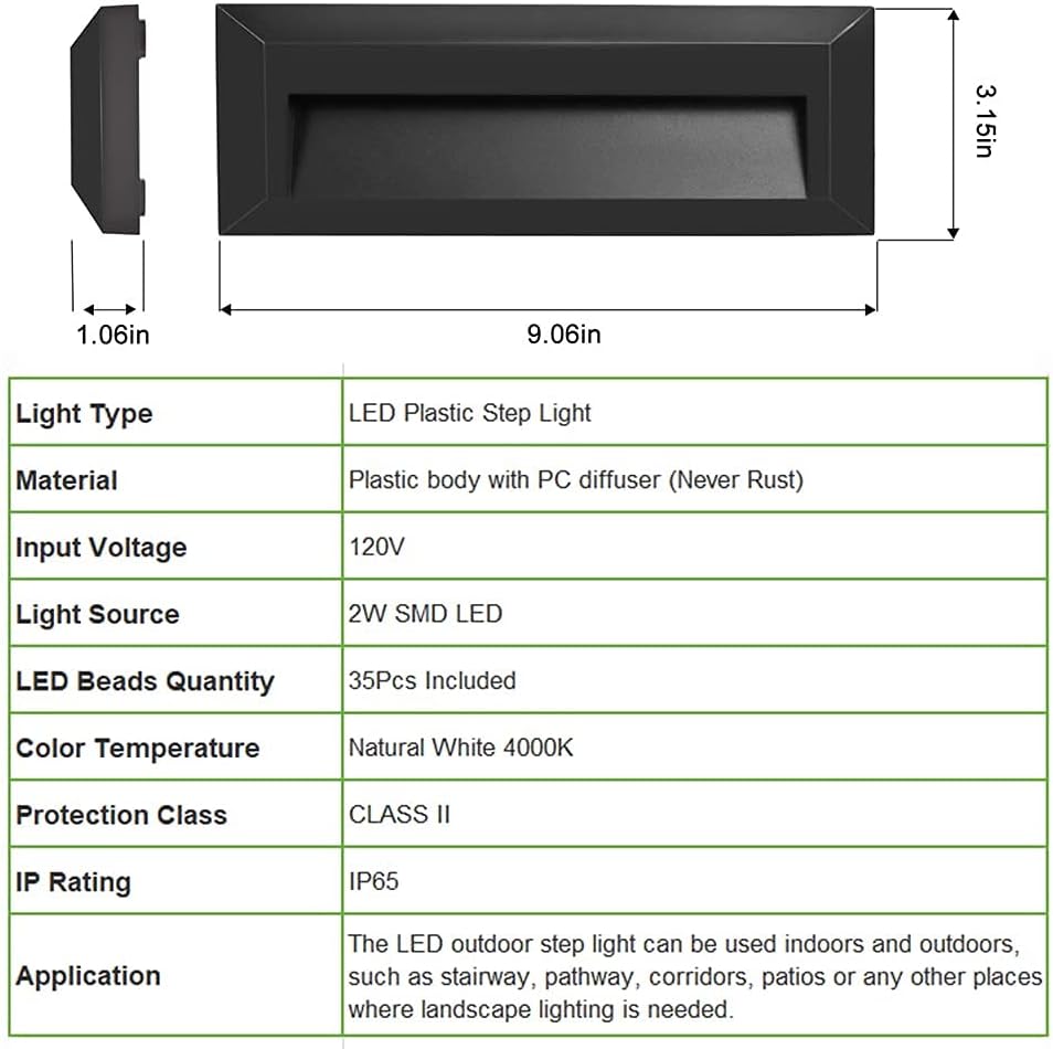 Step Lights Outdoor Indoor 120V, ZONK Waterproof IP65 Wall Mount Stairway LED Light, Rectangle Landscape Staircase Lighting Downlight , ABS Black Finish - - 