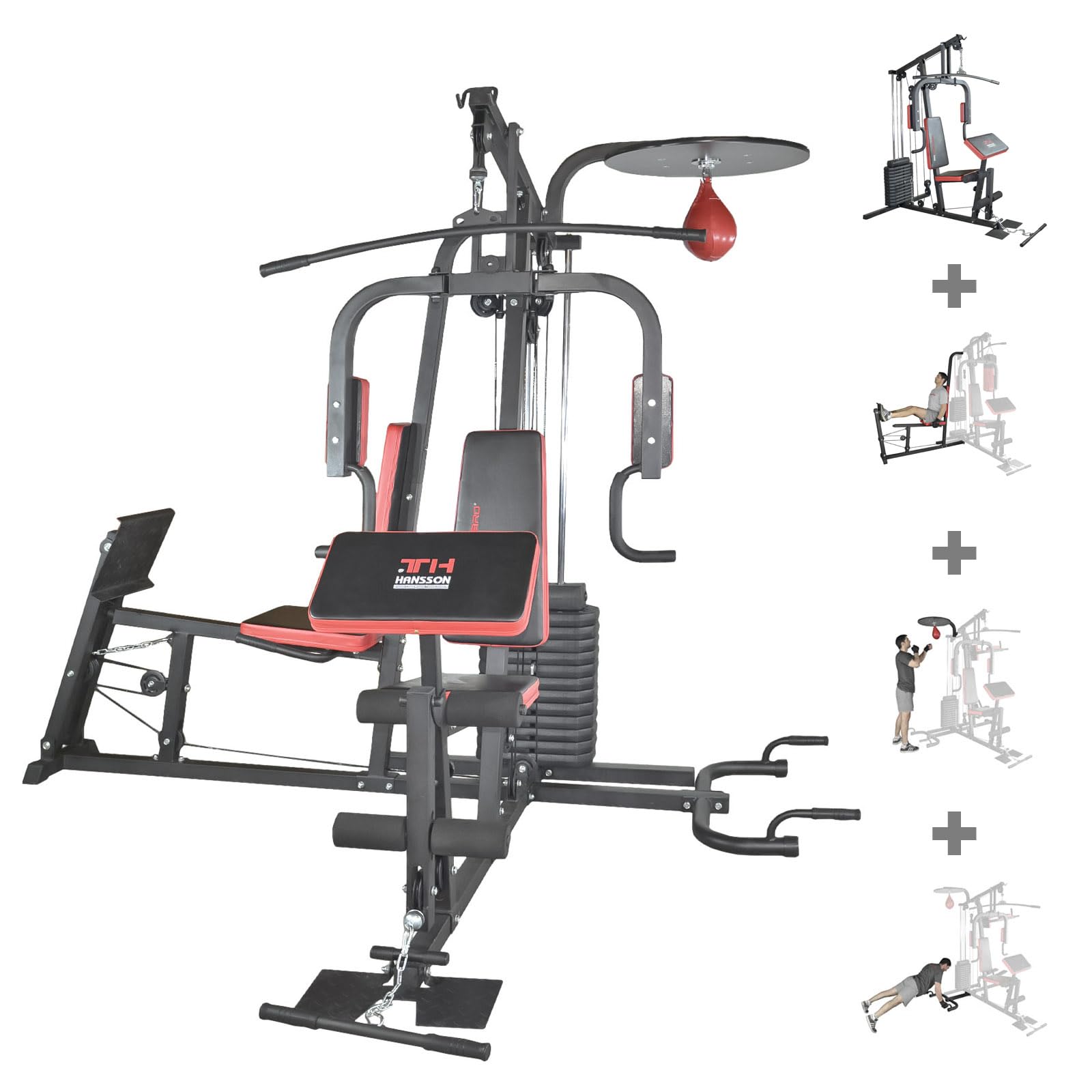 Trainhard HomeGym Multi estación de gimnasio con 65 kg pesos con las piernas de prensa, Speedball-plataforma y push-up Bar