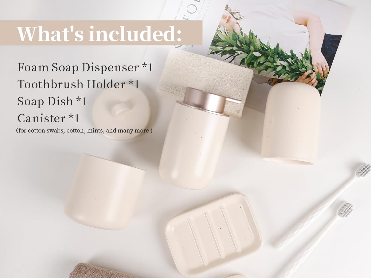 BosilunLife Set di 4 accessori da bagno in ceramica – Set di sapone da bagno, dispenser per schiuma, portasapone, portaspazzolino/bicchiere, barattolo per cotton fioc (beige tascabile, schiuma)