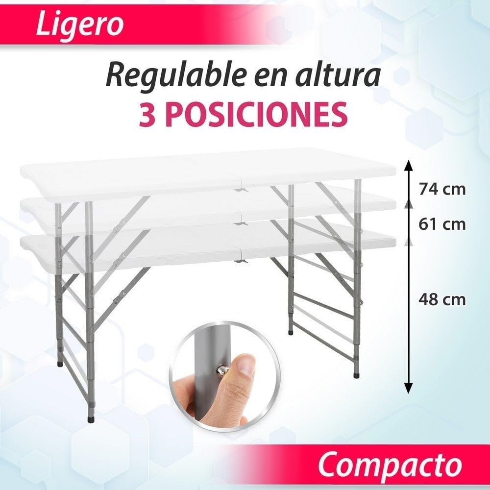 LOLAhome Mesa Plegable, Regulable en 3 Alturas, de Acero Anticorrosión y HDPE (De 122x60x74 cm) | Resistente, fácil Transporte, fácil Montaje | Ideal Acampadas, Picnic, Catering, Jardín, Terraza