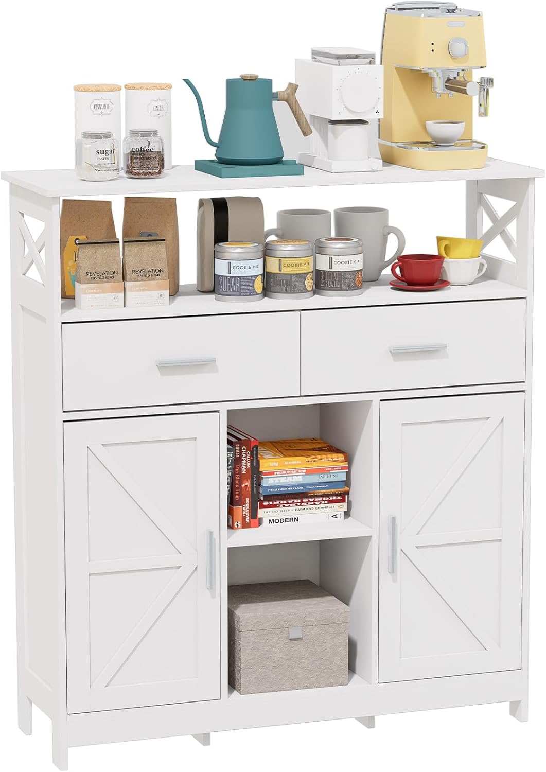 Storage Cabinet Coffee Bar Cabinet with 2 Adjustable Shelves 2 Drawers and 2 Doors for Bathroom/Kitchen/Living Room (White)