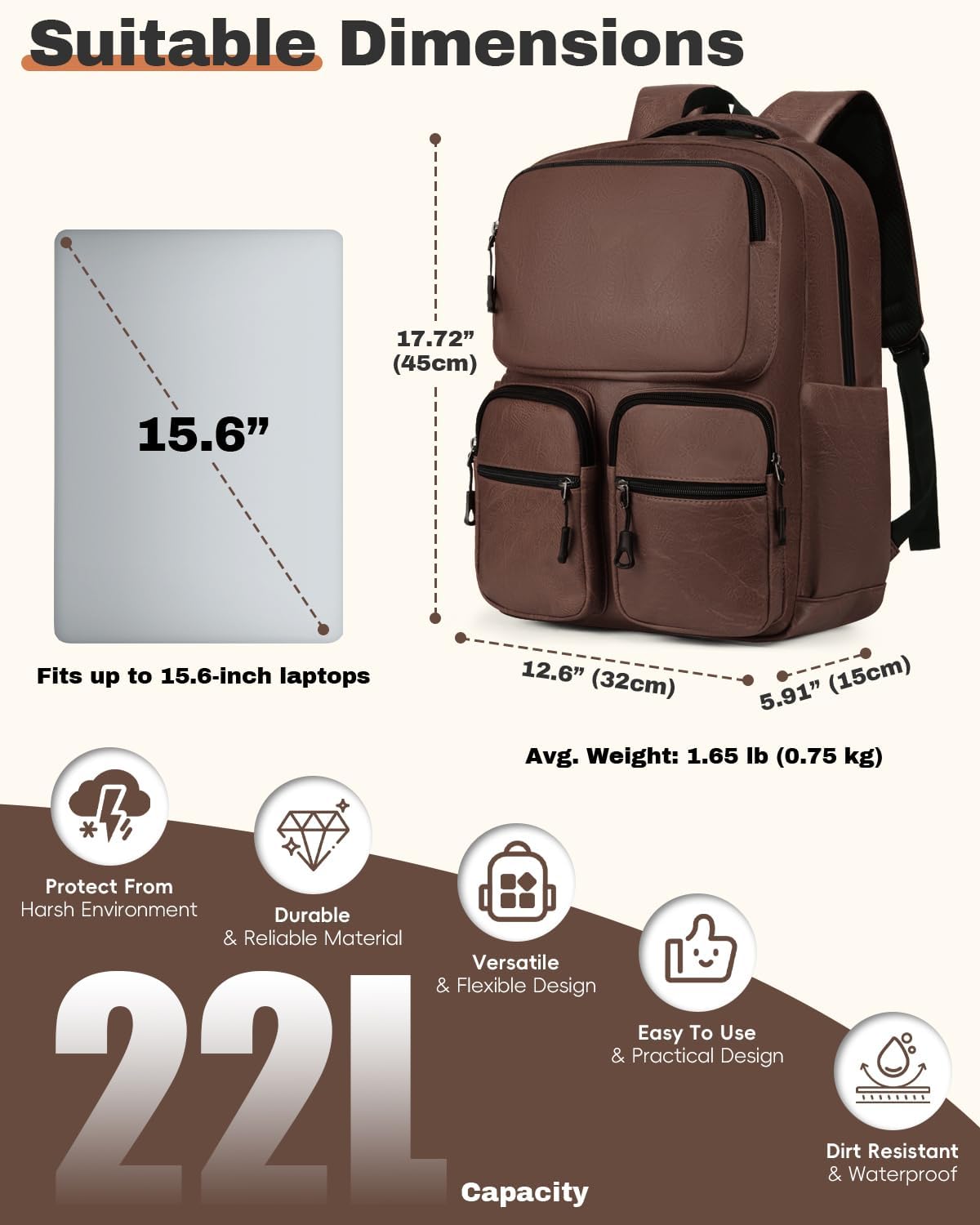 Vegan Leather Laptop Backpack PU Leather Computer Back Pack for Men & Women Travel Work Leisure Backpacks Bookbag