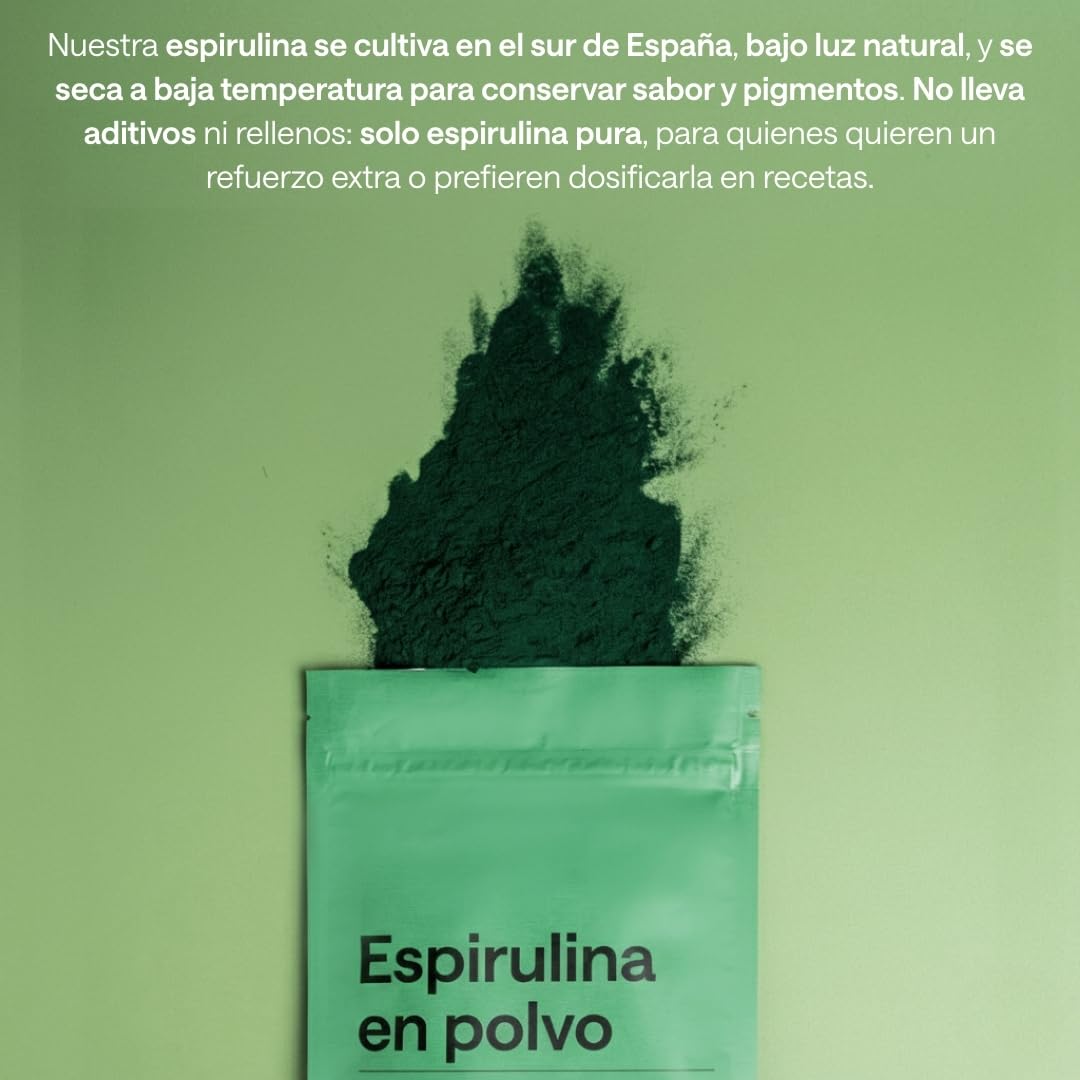 ALMA® Espirulina en Polvo 116 g | 100% Pura (Ingrediente Único) | Spirulina Vegana, Sin Gluten, Sin Azúcares Añadidos y Hecha en España | Superalimento Verde para agua, Zumos y Batidos
