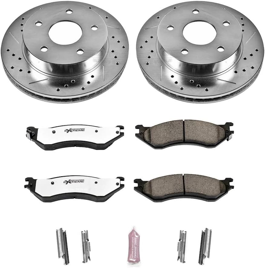 PowerStop Front Brake Kit For Dodge Ram 1500 2000-01 - Truck & Tow Carbon Fiber Ceramic Brake Pads + Drilled & Slotted Rotors Upgrade, K5143-36