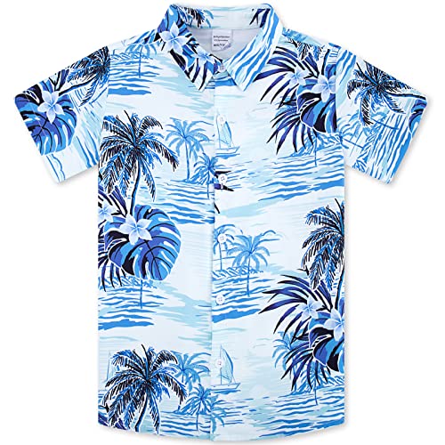 westwolf Big Boys Hawaiian Shirts Size 10-12 Teen Cool Beach 11 Years Teens Fashion White Blue Palm Tree Hawaiian Shirt for Boys School Casual Short Sleeve Boy Tropical Shirt 11 12 Years