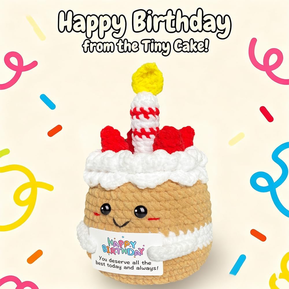 Happy Birthday Gifts for Women Emotional Support Crochet Positive Crochet Cake Girls Best Friends Unique Gift with Card for Sister Cowrokers Girlfriend Bday Party Decoration Knitted Small Present - Image 8