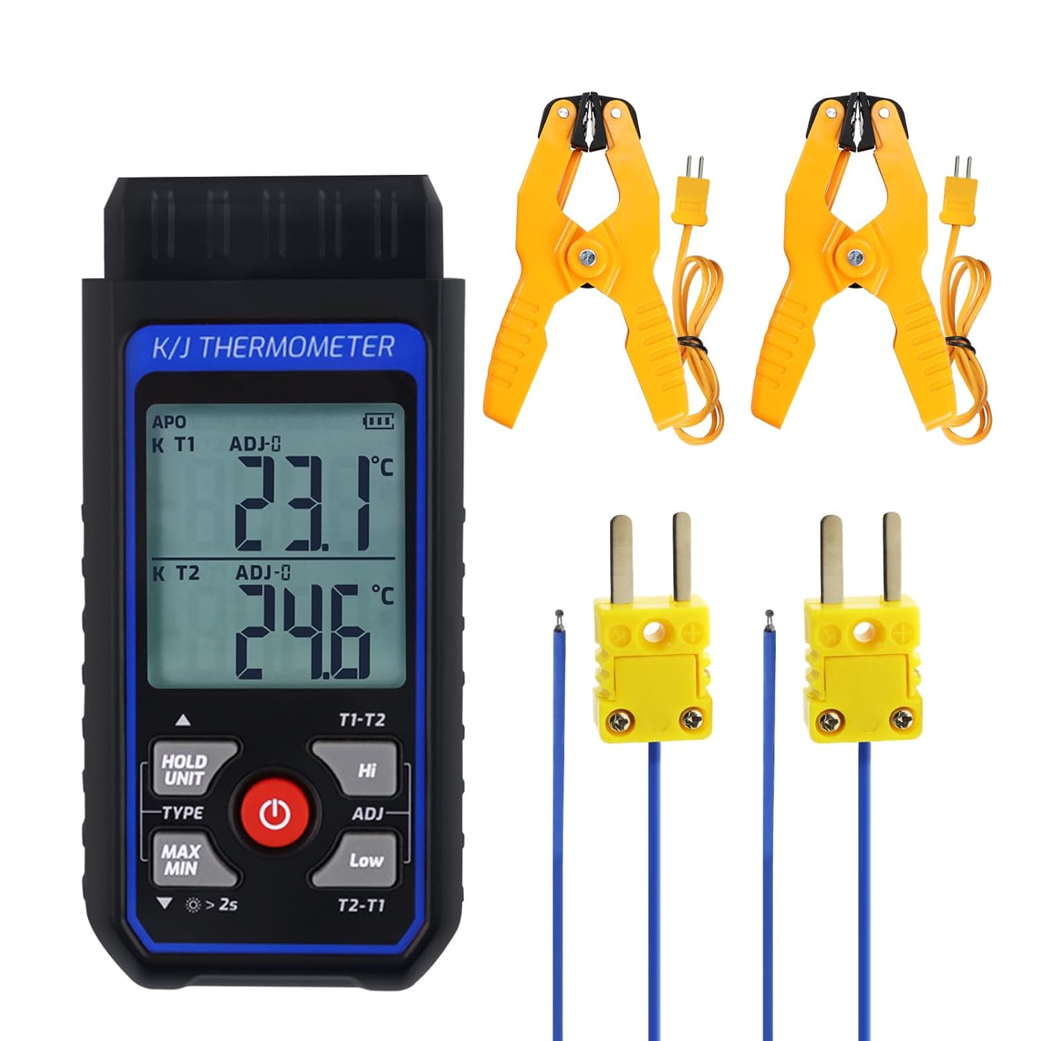 Dual-Channel Digital K J Type Thermocouple Thermometer Pipe Clamp Thermometer, -328°F~2501°F Measuring Range HVAC Temperature Meter with 2 Type K Pipe Clamps & 2 Thermocouples, Alarm, ADJ Compensation