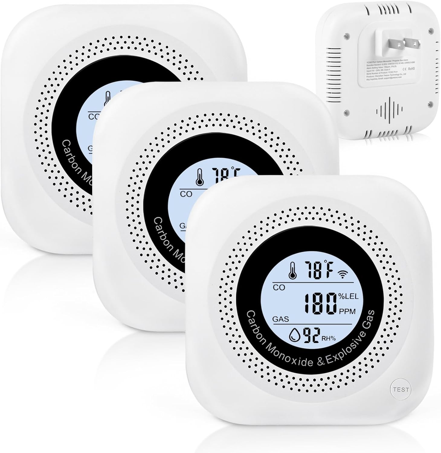 3 Pack 4-in-1 Plug-in Carbon Monoxide Detector with Digital Display, Natural-Gas & Propane-Gas Monitoring Device for Garage, Basement & Multi-Room Indoor Use, White