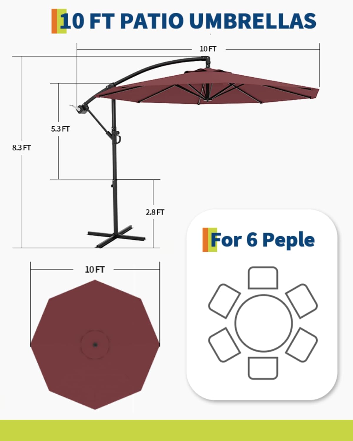 GarveeLife 10 ft Outdoor Offset Umbrella with Cross Base, Fade Resistant Canopy Large Patio Umbrella with Infinite Tilt and Crank Lift for Deck Pool Garden Backyard, Tan (Wine Red) - Image 5