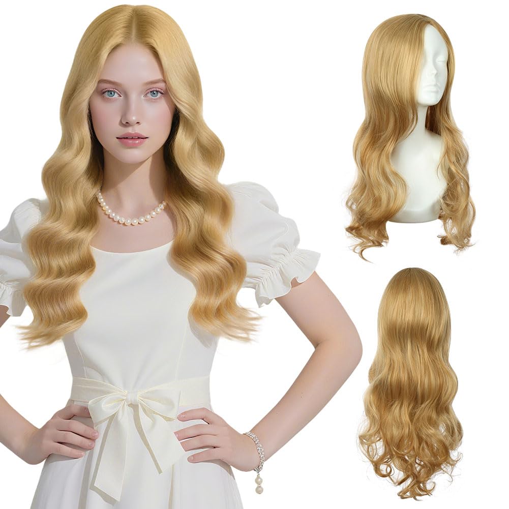 AUYAO Long Wave Wig for Women Synthetic Fiber Long Wavy Hair Wig Middle Part with No Bangs Curly Hair Wigs Fancy Dress Synthetic Hair for Party Costume Anime Halloween Christmas Carnival(Light Gold)