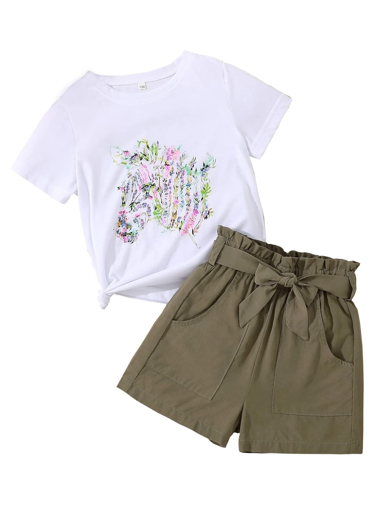 KIDLAGA Conjunto de ropa de verano para niñas pequeñas, con estampado floral, volantes, sin mangas, con cinturón, pantalones cortos