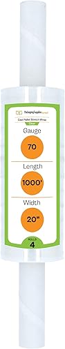 PSBM - Envoltura elástica con asas, paquete de 4, 20 pulgadas x 1000 pies, calibre 70, adherencia de plástico transparente con asas de núcleo