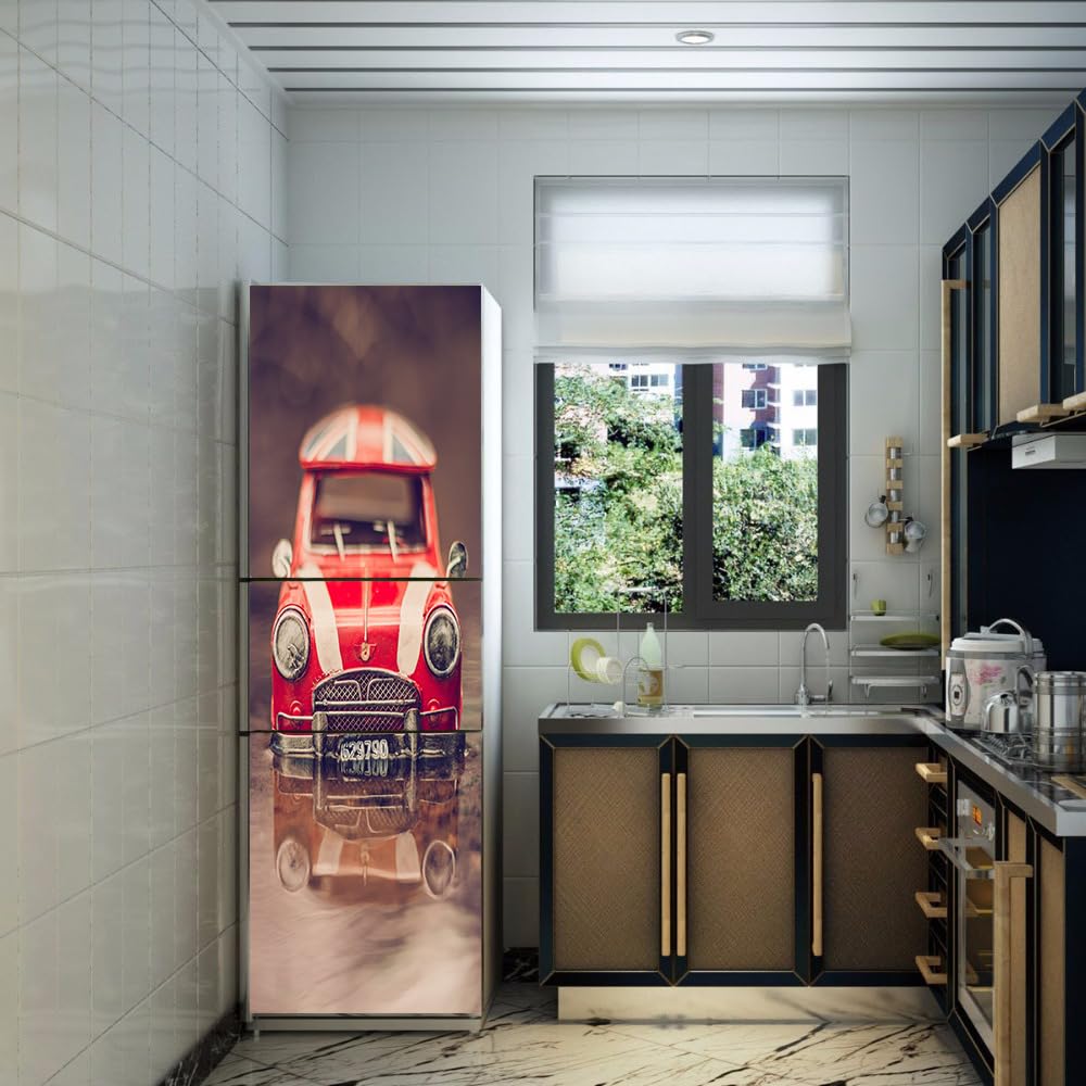 Folia na lodówkę, Naklejki ścienne z motywem skórek zamrażarki, pełne pokrycie, do kuchni, czerwony żelazny samochód retro vintage(M: 60x180 cm)