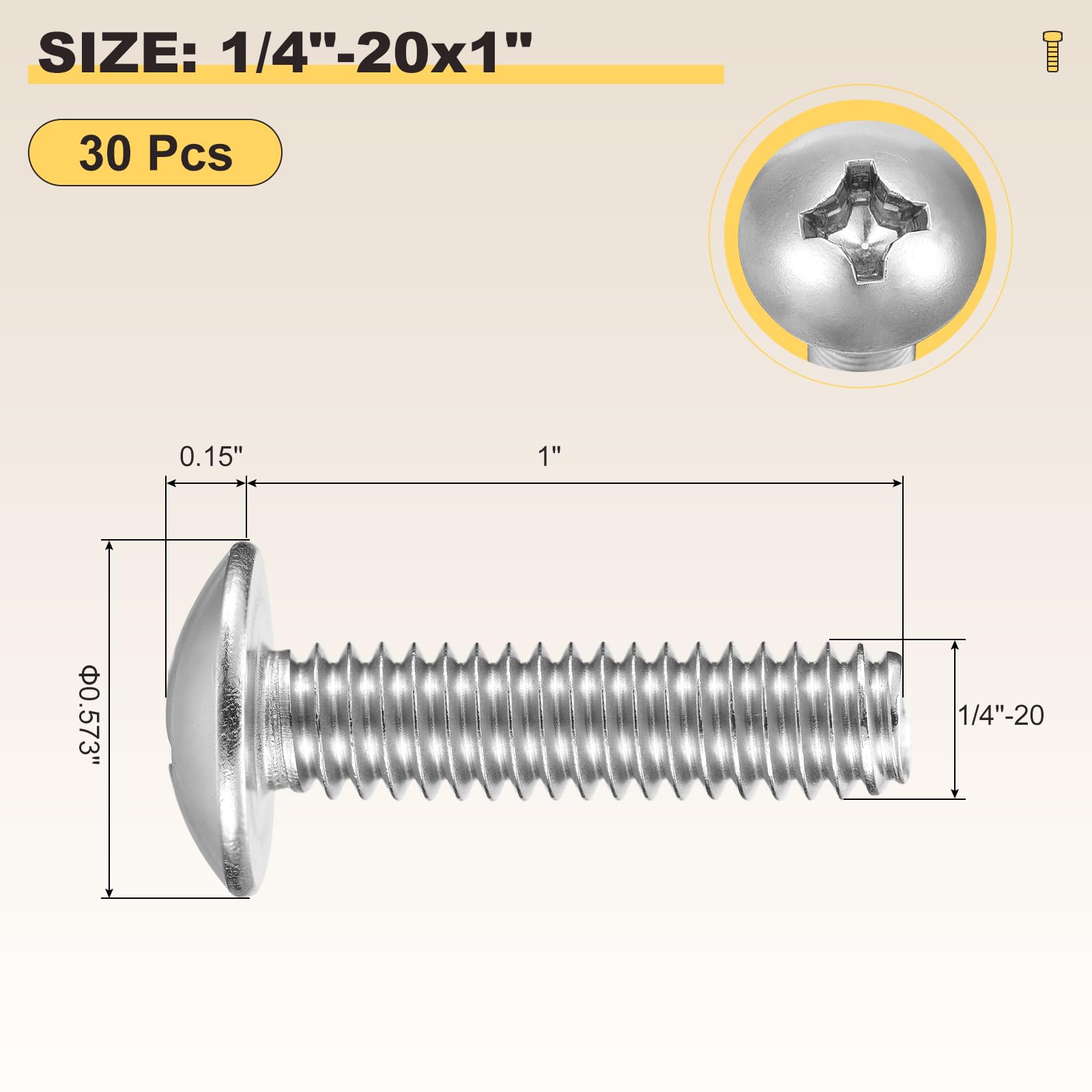 METALLIXITY Machine Screws Phillips Head(1/4"-20x1") 30Pcs, 304 Stainless Steel Round Head Phillips Drive Furniture Bolts - Image 2