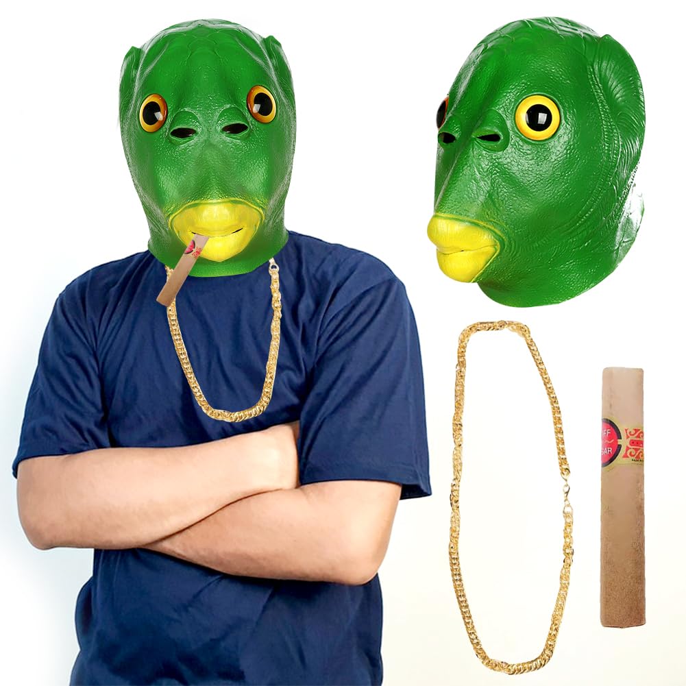 WFKKMEQ Halloween Green Fish Mask, Fish Animal Latex Full Head Realistic Masks, Costume Party Cosplay Props