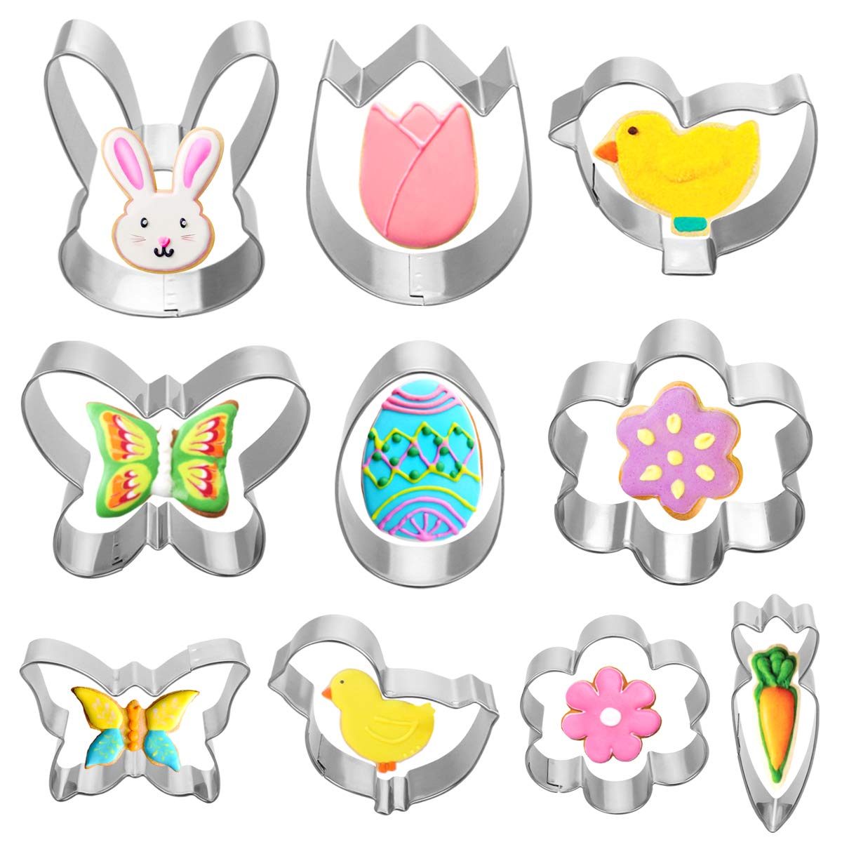 VHAUSE Set di 10 stampi per biscotti a forma di Pasqua, in acciaio inox, 5 grandi e 5 piccoli, con uovo, pulcino, coniglio, carota, fiore, farfalla, perfetti per biscotti, biscotti per bambini