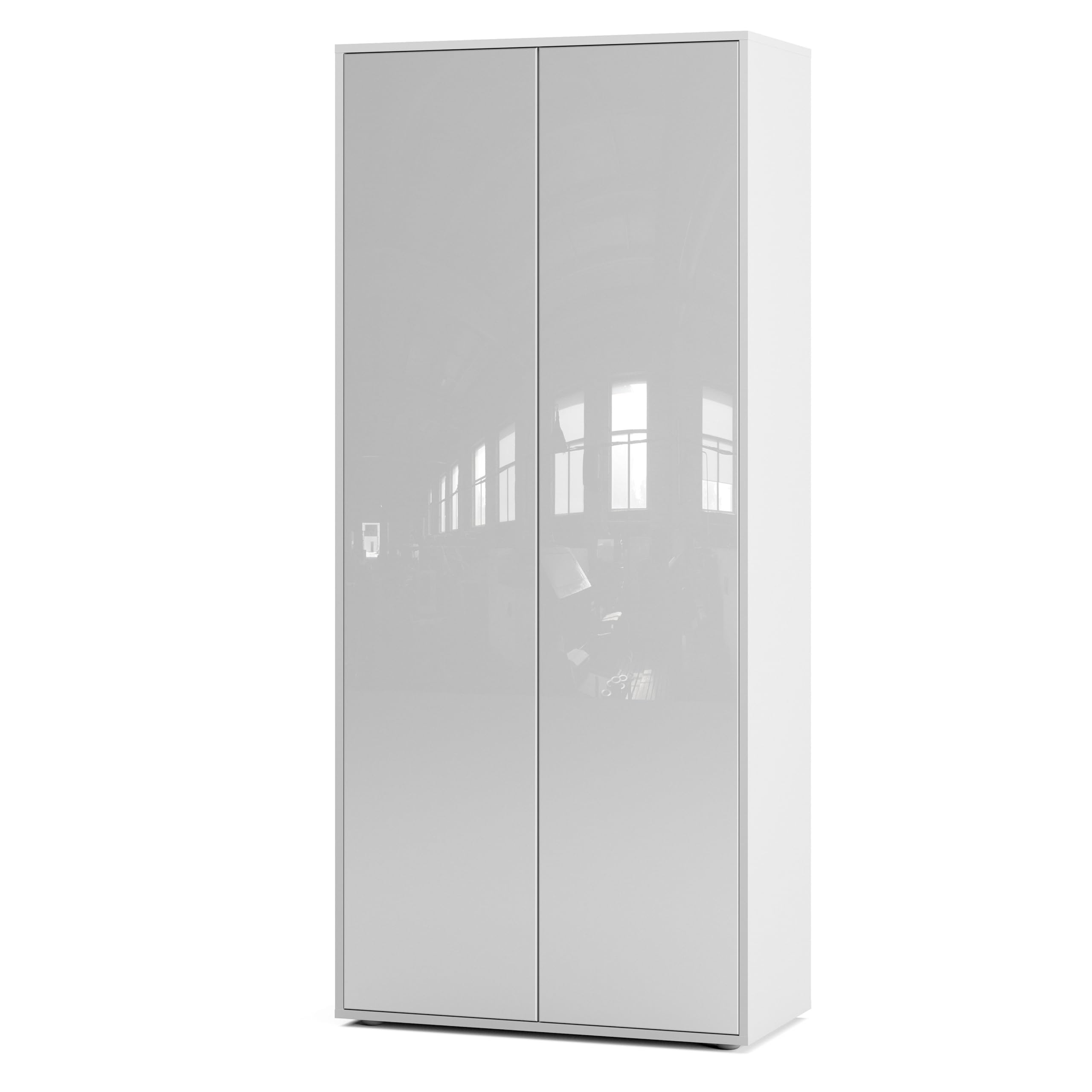 Büroschrank Amira T00, Weiß/Weiß Hochglanz, 180x80x40 cm | Geschlossener Aktenschrank, Push-to-Open, Mehrzweckschrank für Büro