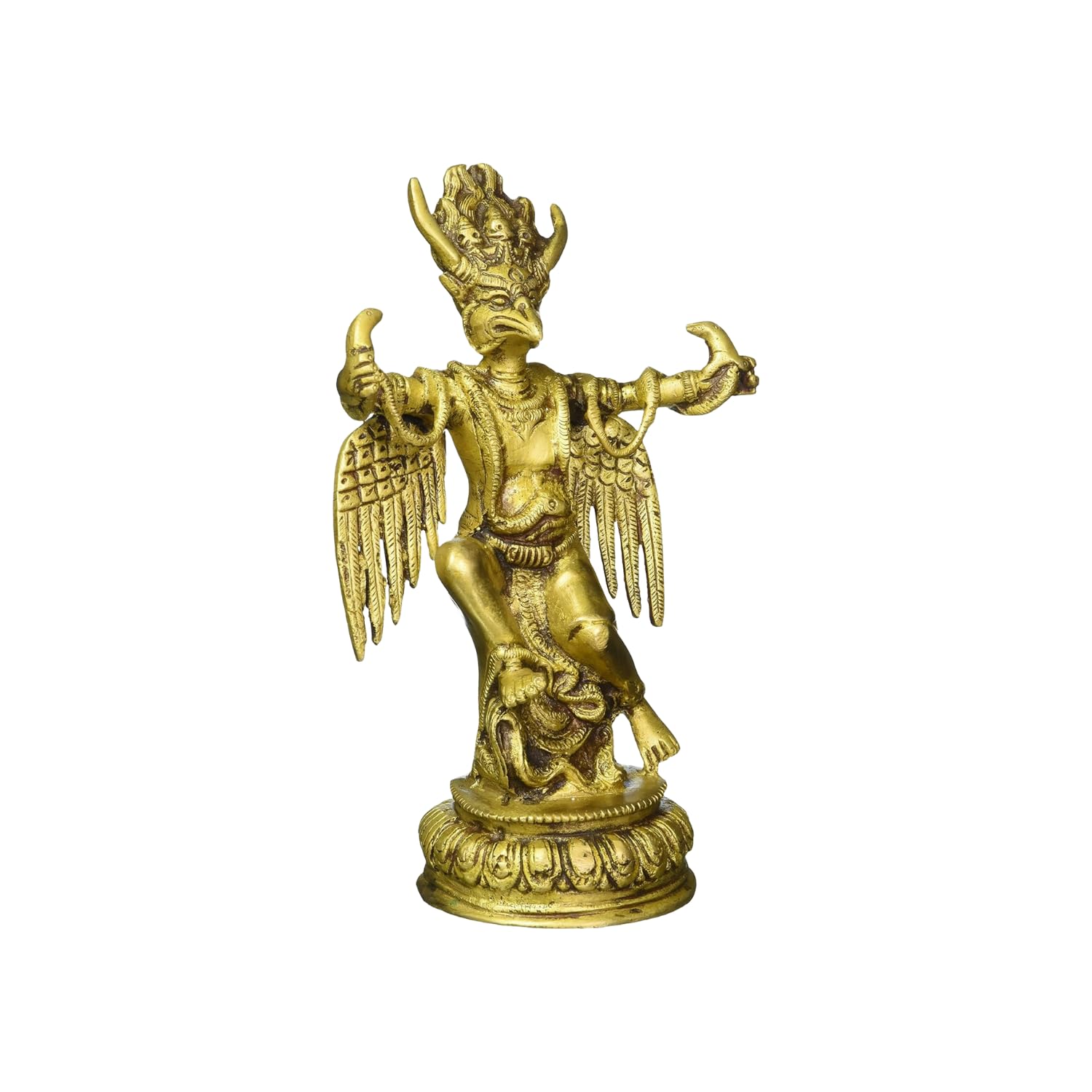 Pan Wisznu pojazd Garuda trzymający węże statuetka mosiężna rzeźba 4428 (20 cm wys. x 15 cm szer. x 7,6 cm gł.) złoto