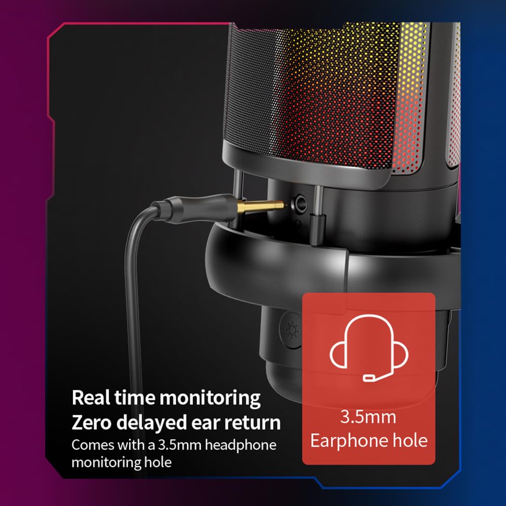 Microphone USB RVB, Microphone de Jeu, kit de Micro d'ordinateur, Micro à condensateur avec trépied, Surveillance en Temps réel, Plug and Play, Une Touche pour Couper Le Son et (Pink)