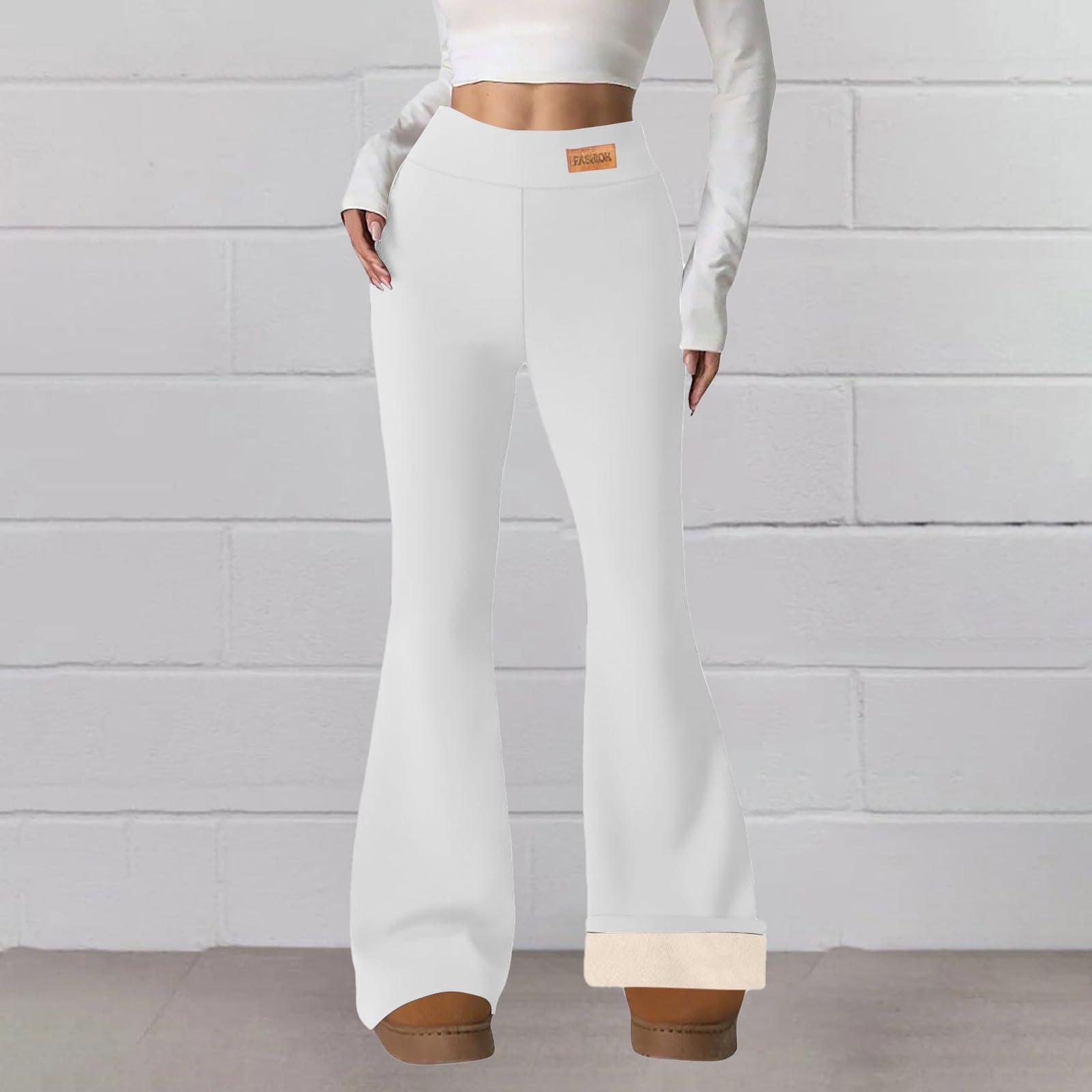 Pantalones térmicos para mujer, forrados de invierno, pantalones de yoga, pantalones de corte bootcut, pantalones cortos de cintura alta, térmicos, lisos, cómodos, térmicos, elásticos, informales, de