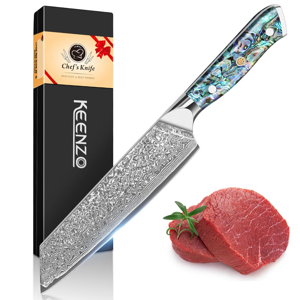 KEENZO 3PCS Kitchen Knife Set,Professional kitchen knives with 8" Chef knife,7" Santoku knife,5" Utility Knife,Japanese Hand Forged Damascus Steel Cooking knife set,Ergonomic Abalone Shell Handle — Amazon image 16