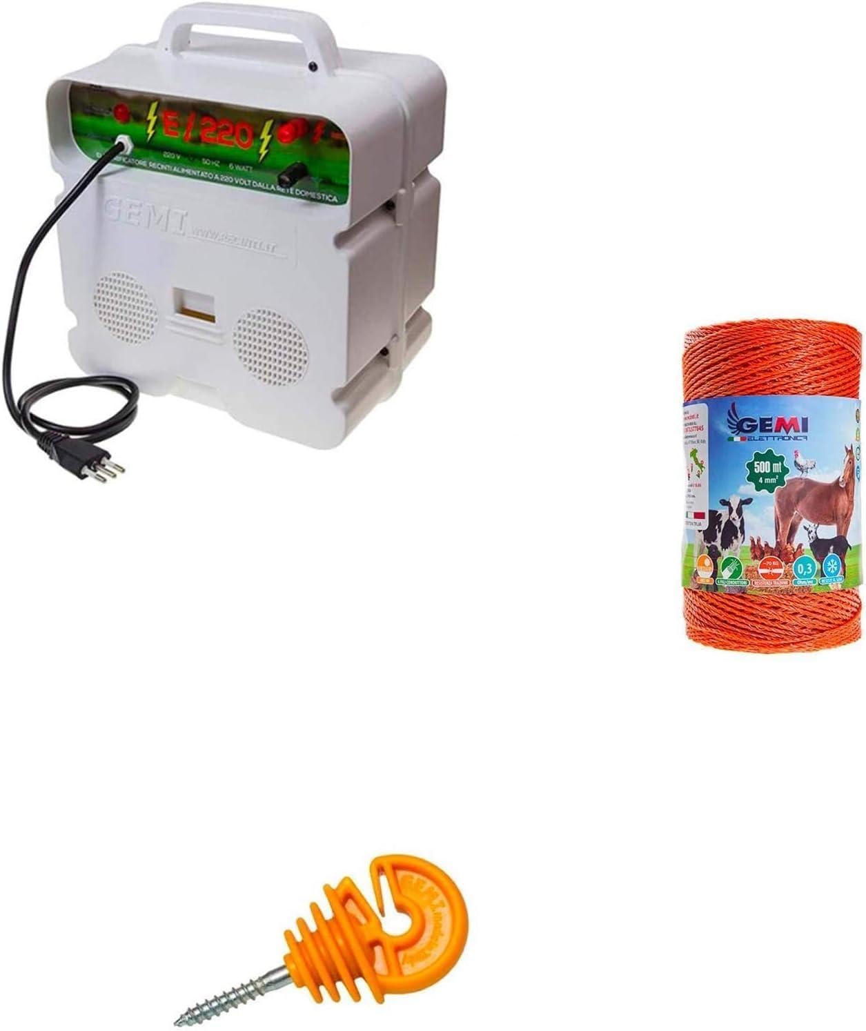Recinto elettrico Kt per Uso professionale1 x Elettrificatore 220V + 1 x Filo 500 MT 4 Mm² + 100 isolatori per pali in legno - Recinzione Elettrica per animali cavalli mucche maiali galline volpi