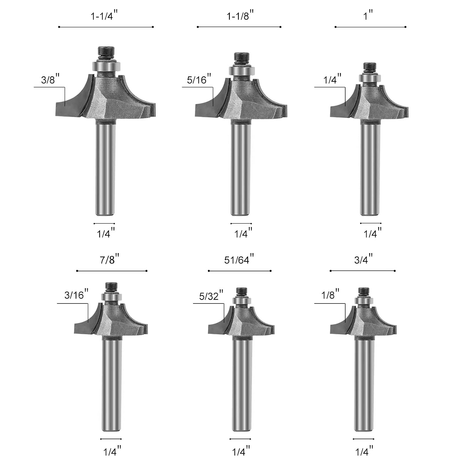 6pcs Roundover Router Bits Set 1/4 Shank, with 6 Bearings 1/2" Corner Round Over Router Bits Carbide Roundover Bits for Rounding Edge Forming (Radius 3/8" 5/16" 1/4" 3/16" 5/32" 1/8" )