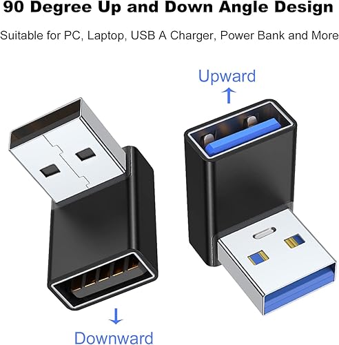 Miniatura 2 de AreMe Paquete de 2 adaptadores USB 3.0 de 90 grados, ángulo arriba y abajo, USB A macho a hembra convertidor extensor para PC, laptop, cargador USB