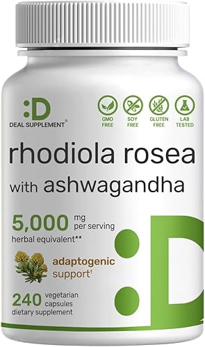 DEAL SUPPLEMENT Rhodiola Rosea con Ashwagandha 5,000 mg por porción, 240 cápsulas vegetales  Extracto de raíz 101 de fuerza máxima  Suplementos