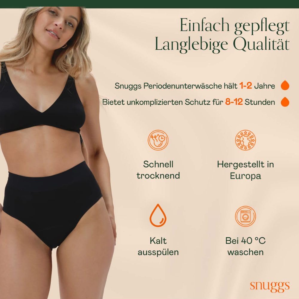 snuggs® Period Underwear Periodenunterwäsche Hugger – Periodenslip für extra Starke Blutung, Dünne und saugstarke Menstruationsunterwäsche, Made in EU, Recyceltes Nylon, Nachhaltige Alternative