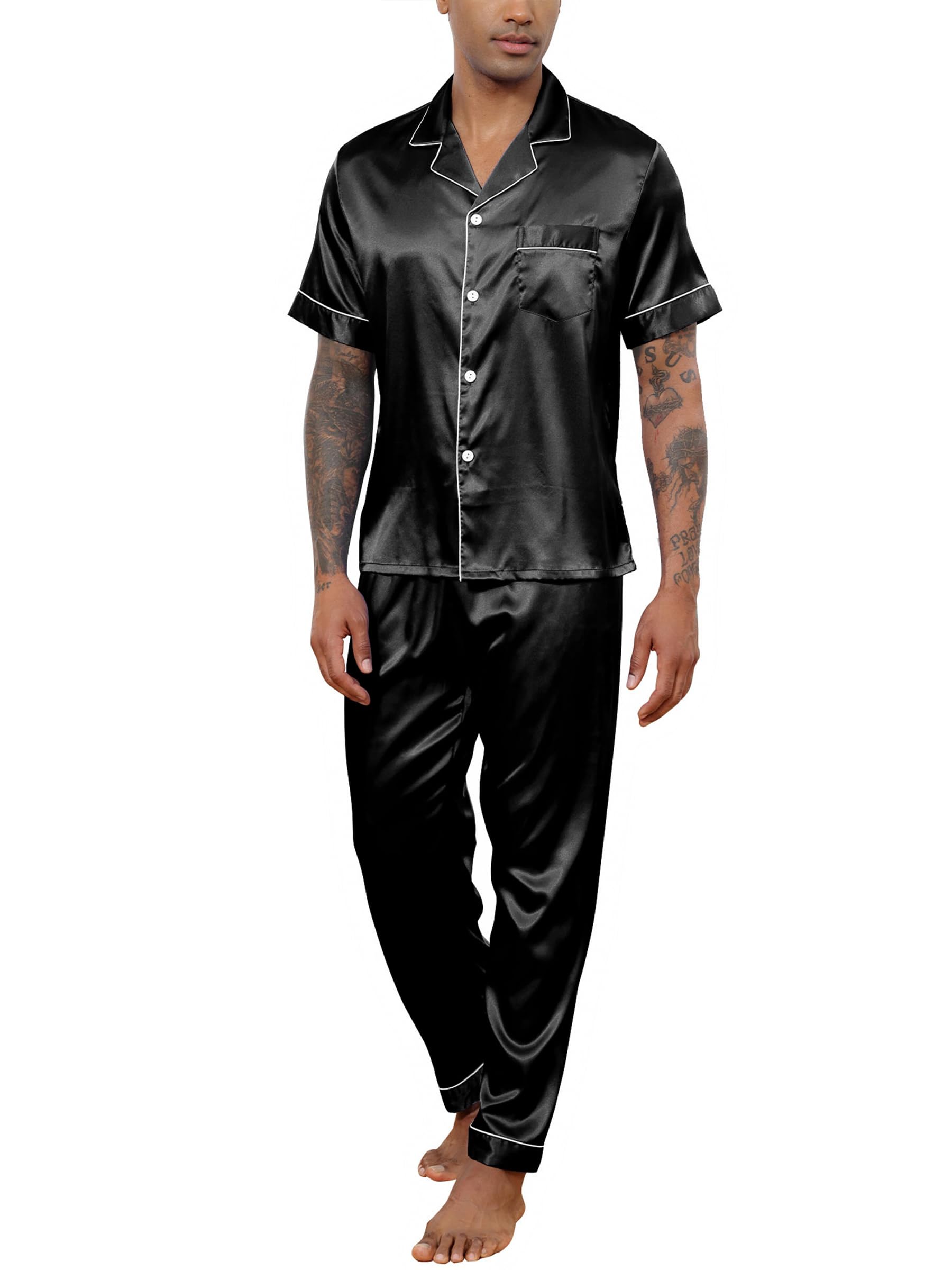 Ensemble de Pyjama Homme en Satin Pyjama en Soie Boutonné 2 Pièces Haut à Manches Longues et Pantalon Long Vêtements de Nuit Été Confortable Sleepwear