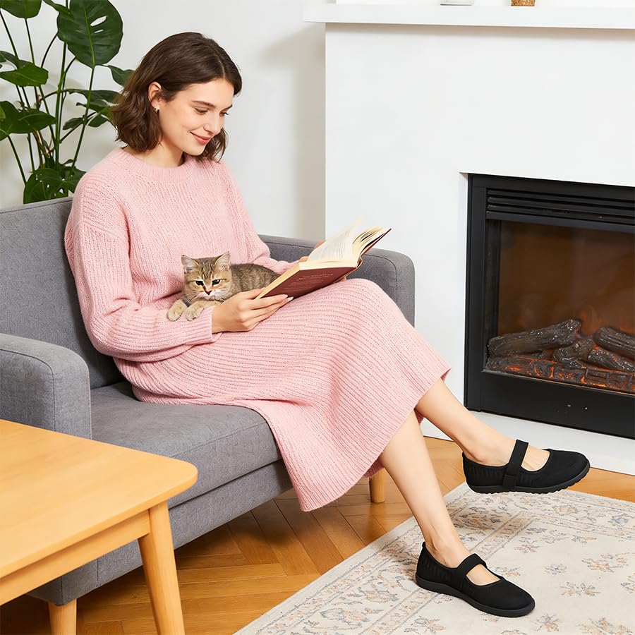 Image of Waluzs Wide Toe Box Flats Shoes Women Knit Ballet Flats Mary Jane Dress Flat Wide Width Walking Shoes Slip-on with Strap