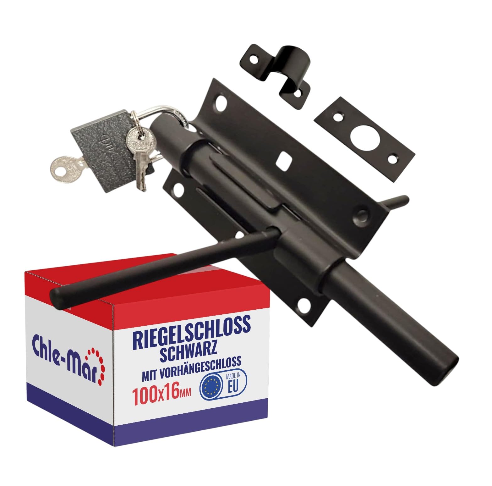 Chle-Mar Bolt Bolt on Both Sides 100 mm, Diameter 16 mm | With Padlock | Exterior Door Bolt Black for Garden Gate & Gate | Robust Gate Bolt & Push Bolt Made of Steel | Deadbolt Lock for Metal Gate