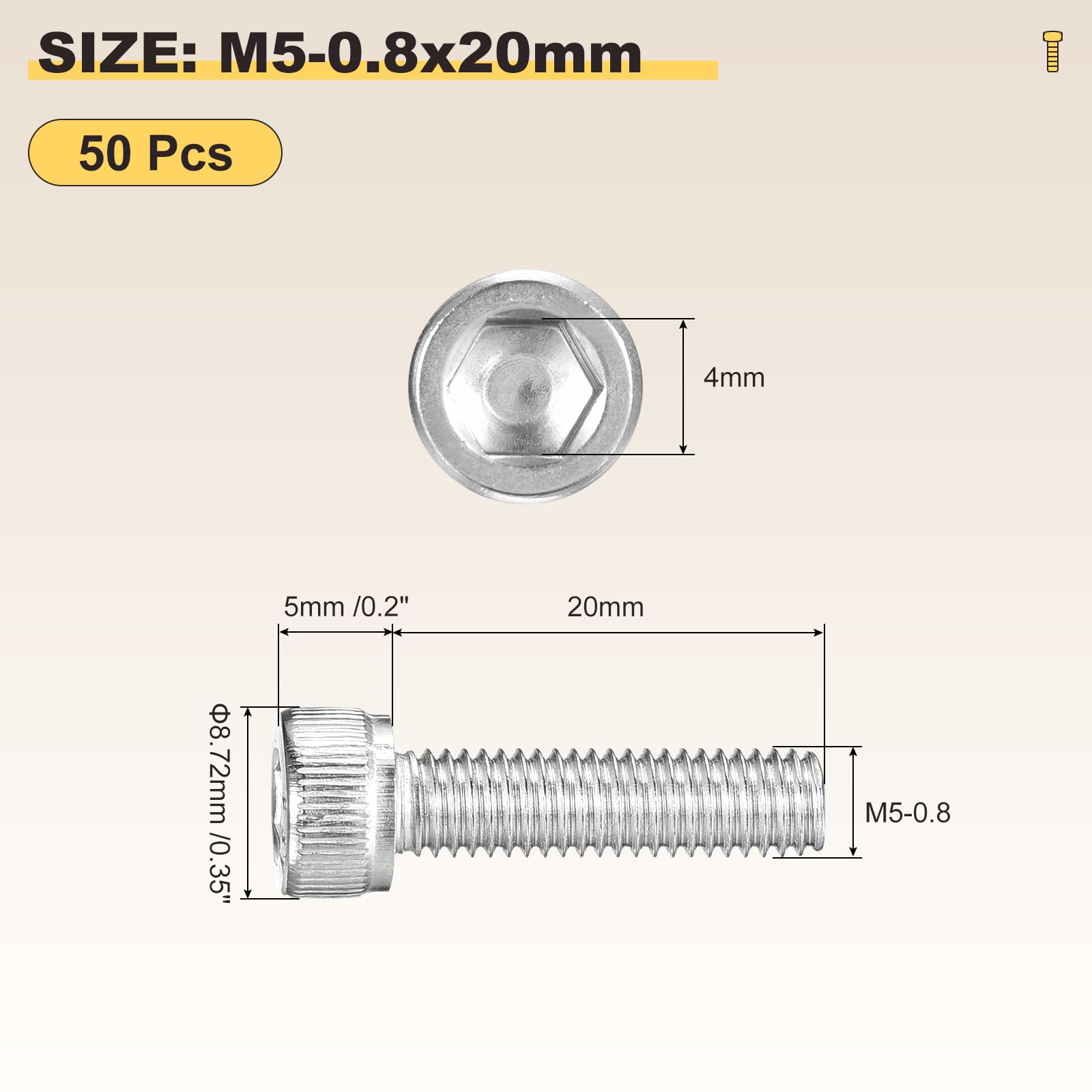 METALLIXITY Socket Head Cap Screw(M5-0.8x20mm)50Pcs, 304 Stainless Steel Allen Socket Drive Metric - Image 2