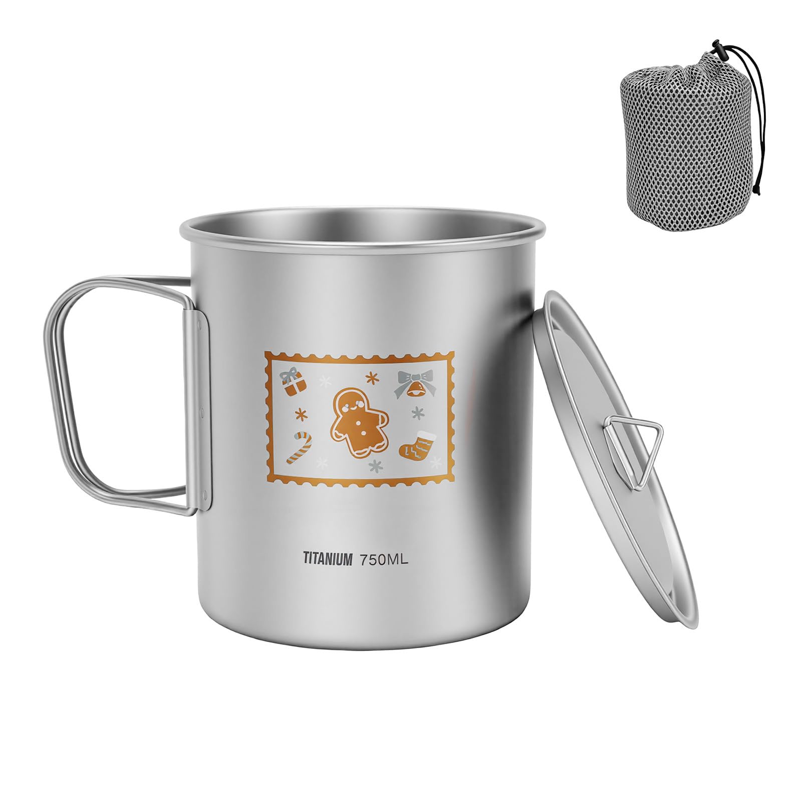 Lixada 750ml Trinkbecher mit Deckel und Klappbarem Griff, Weihnachtliches Lebkuchenmann Motiv, Tragbarer Becher für Kaffee, Tee, Saft, Outdoor Aktivitäten wie Klettern und Camping (750 ml)