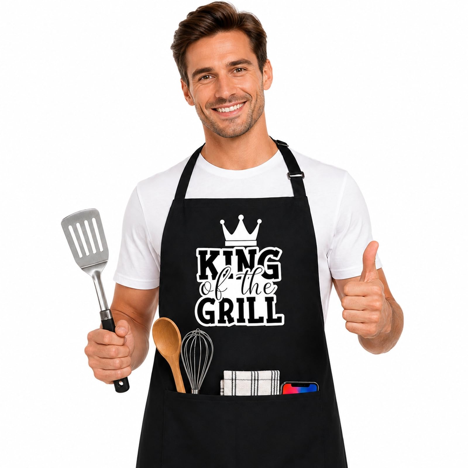 Men's BBQ Apron, Funny Graphic, Black Polycotton, Adjustable, 2 Pockets