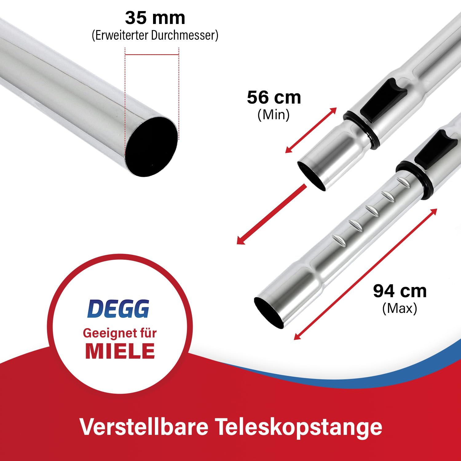 DEGG Rura teleskopowa – kompatybilna z odkurzaczem Miele 35 mm z systemem zatrzaskowym, drążek teleskopowy ze stali nierdzewnej do rur ssących Classic C1, Complete C2 & C3, Guard S1, M1 i L1