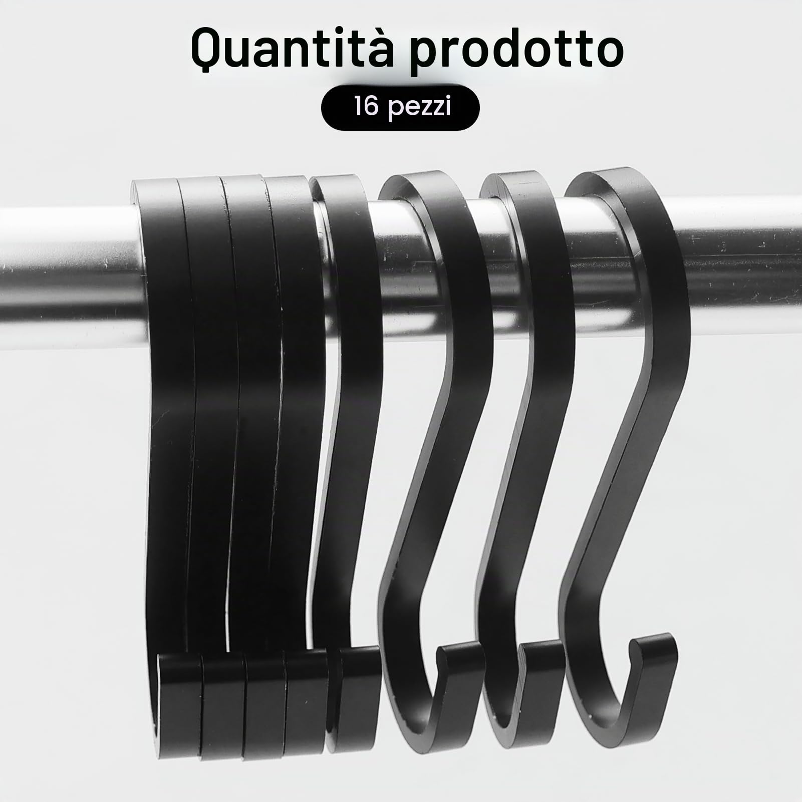 16 ganci in alluminio da appendere, ganci a forma di S, ganci per testa grandi e piccoli, ganci inossidabili per cucina, bagno, camera da letto, ufficio (nero)