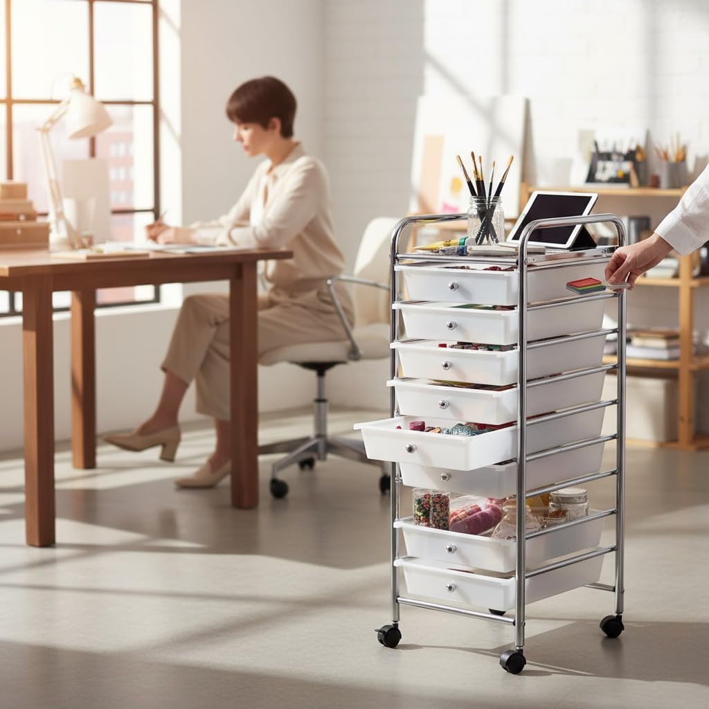 Plastic Storage Organizer Cart with 10 Drawers on Wheels, 15.5"L x 12.8"W x 38"H(Frosted White, 10-Drawer)