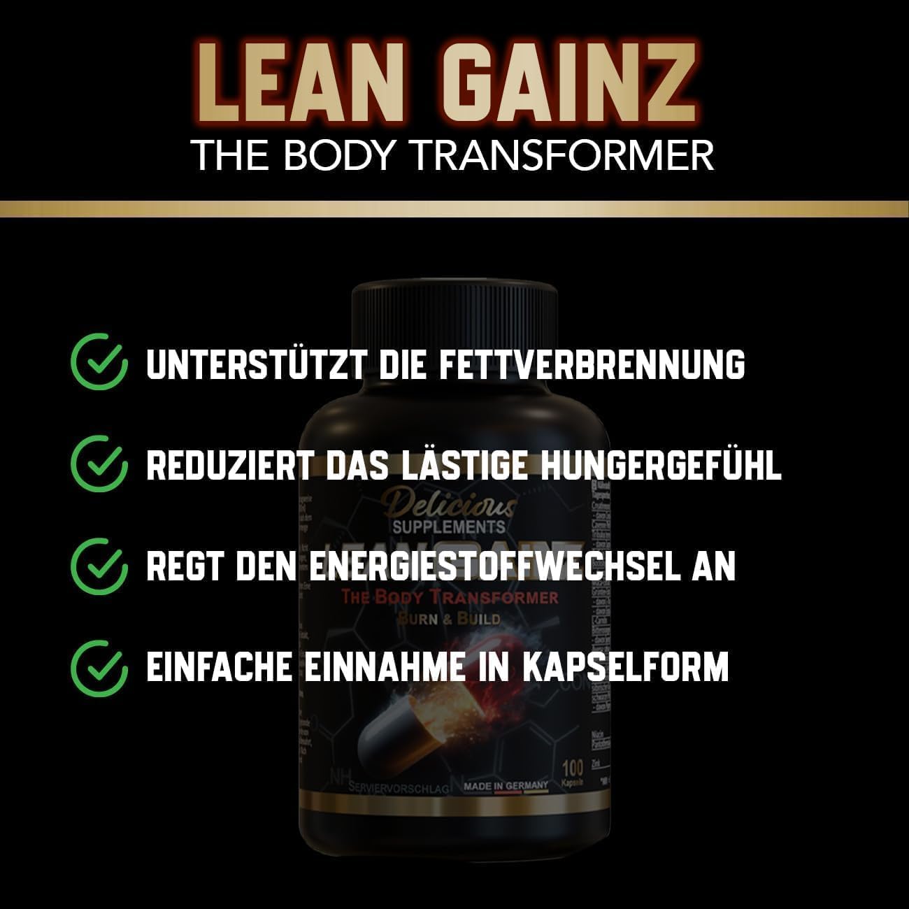 Lean Gainz Koffein Kapseln 300 mg pro Portion – mit Kreatin, L-Carnitin & Zink – 200 Kapseln für 50 Tage – hochdosierter Energie Booster & Pre Workout – Made in Germany