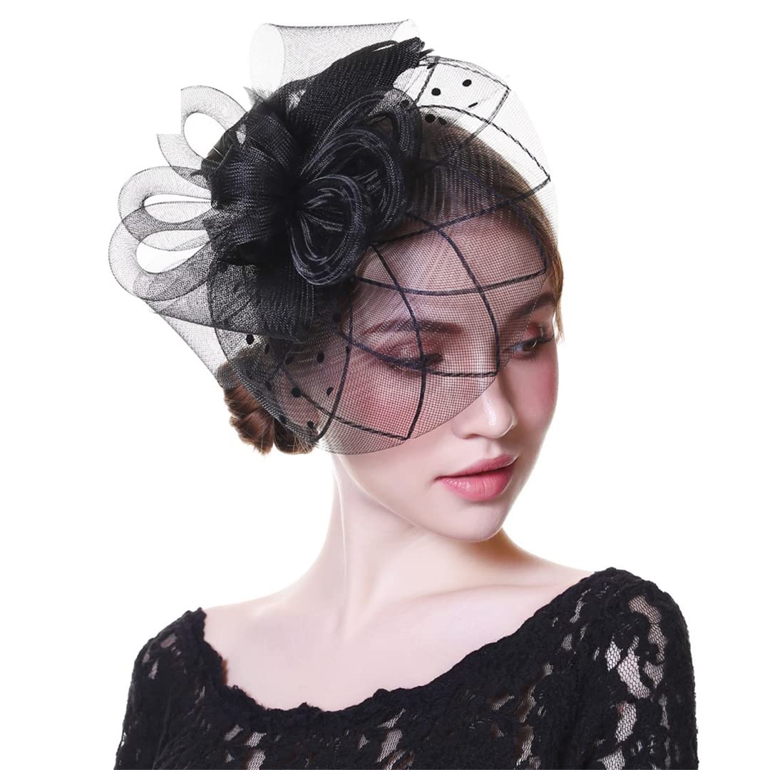 Cappello da donna con fiori, nastri in rete e piume, fascia for capelli o fermaglio for cocktail e tè.,Fermagli per capelli con fiori e piume(9063)